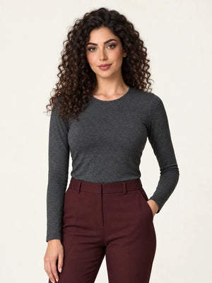 Dark mélange grey stretch-blend crew-neck long-sleeve top styled with burgundy trousers, front view