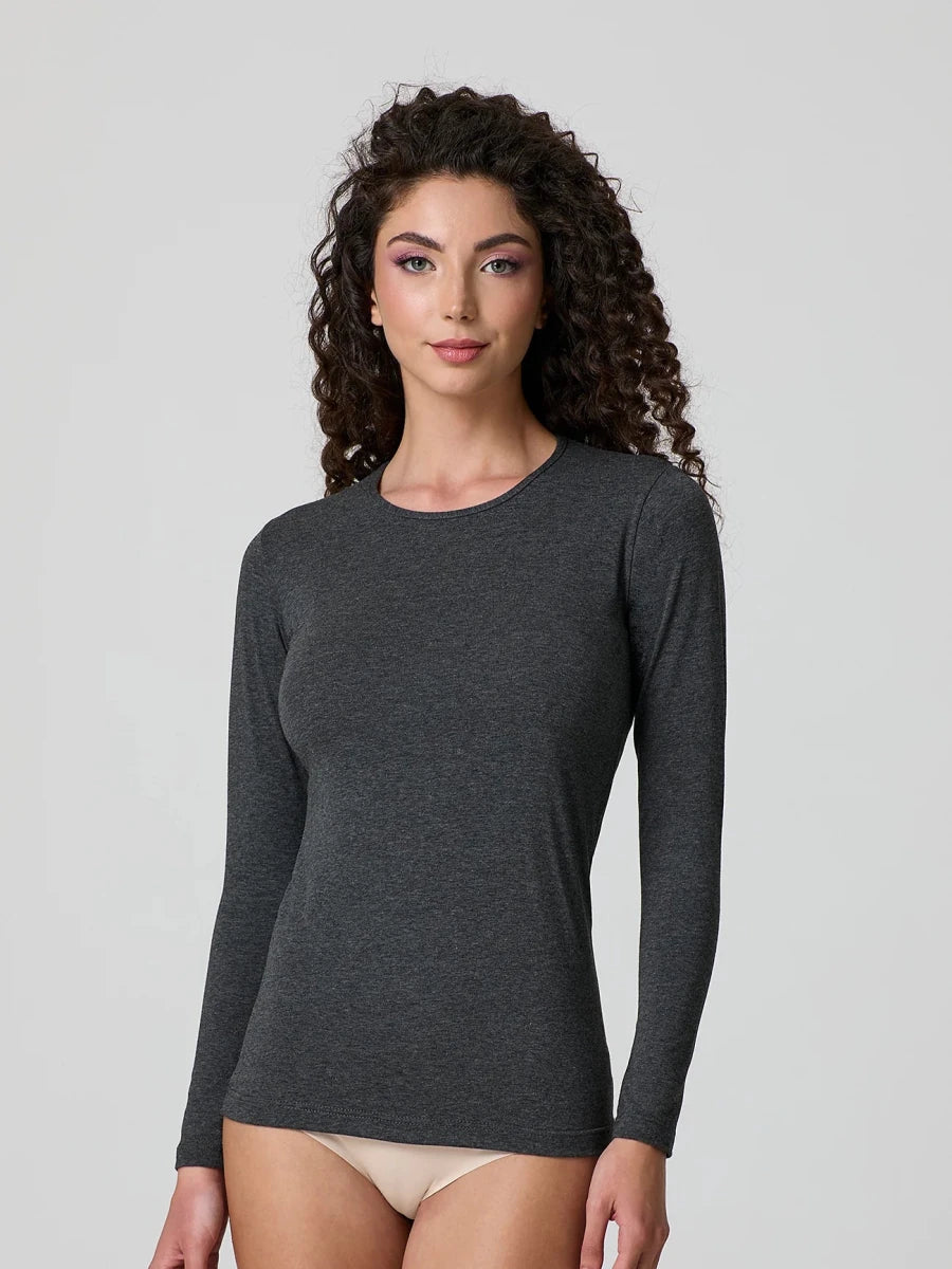 Dark mélange grey stretch-blend crew-neck long-sleeve top, fitted front view