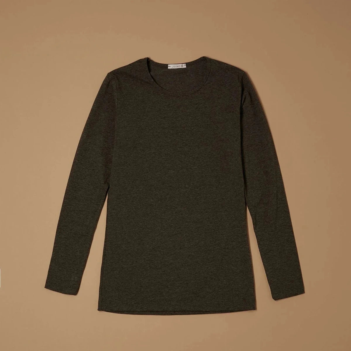 Dark mélange grey stretch-blend crew-neck long-sleeve top laid flat, front view