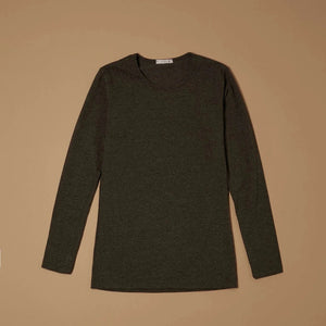 Dark mélange grey stretch-blend crew-neck long-sleeve top laid flat, front view