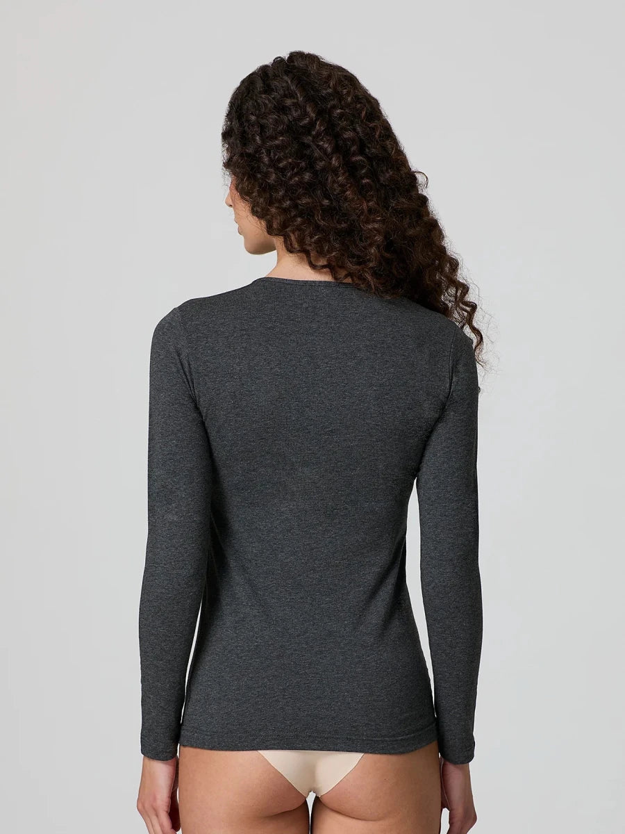 Dark mélange grey stretch-blend crew-neck long-sleeve top, fitted back view