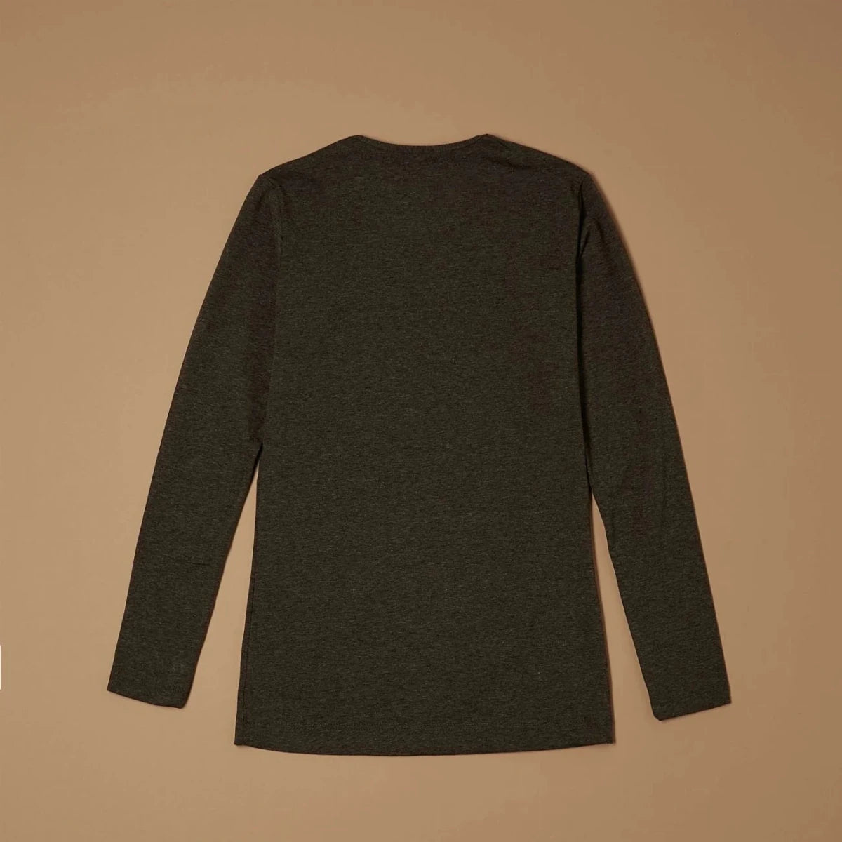 Dark mélange grey stretch-blend crew-neck long-sleeve top laid flat, back view