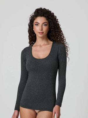 Dark mélange grey stretch-blend deep scoop-neck long-sleeve top, fitted front view