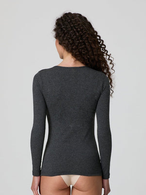 Dark mélange grey stretch-blend deep scoop-neck long-sleeve top, fitted back view