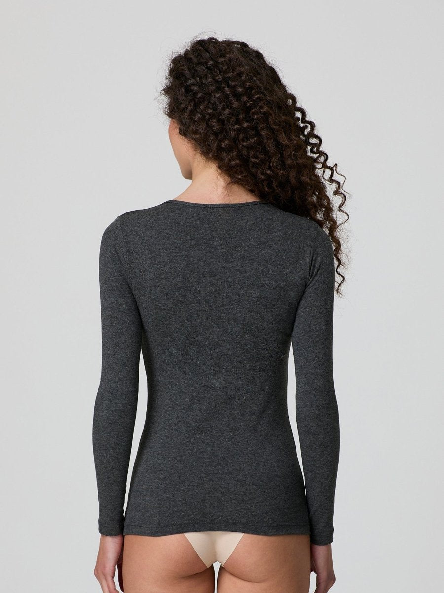 Dark mélange grey stretch-blend deep scoop-neck long-sleeve top, fitted back view