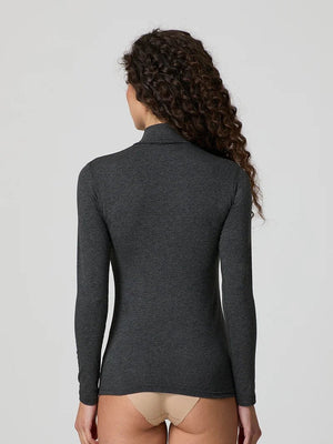 Dark mélange grey stretch-blend mock-neck long-sleeve top, fitted back view