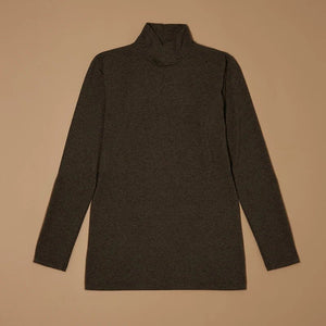 Dark mélange grey stretch-blend mock-neck long-sleeve top laid flat, front view