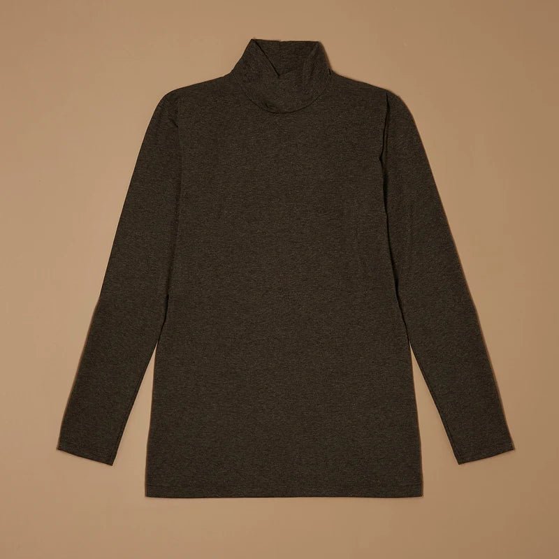 Dark mélange grey stretch-blend mock-neck long-sleeve top laid flat, front view