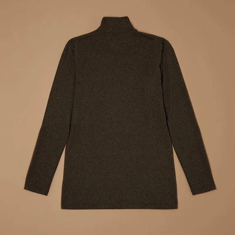 Dark mélange grey stretch-blend mock-neck long-sleeve top laid flat, back view