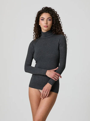 Dark mélange grey stretch-blend turtleneck long-sleeve top, fitted front view