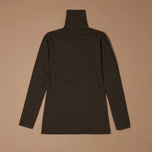 Dark mélange grey stretch-blend turtleneck long-sleeve top laid flat, back view