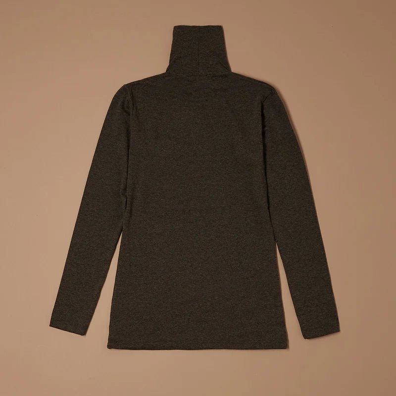 Dark mélange grey stretch-blend turtleneck long-sleeve top laid flat, back view
