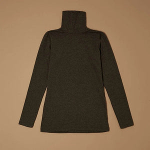 Dark mélange grey stretch-blend turtleneck long-sleeve top laid flat, front view