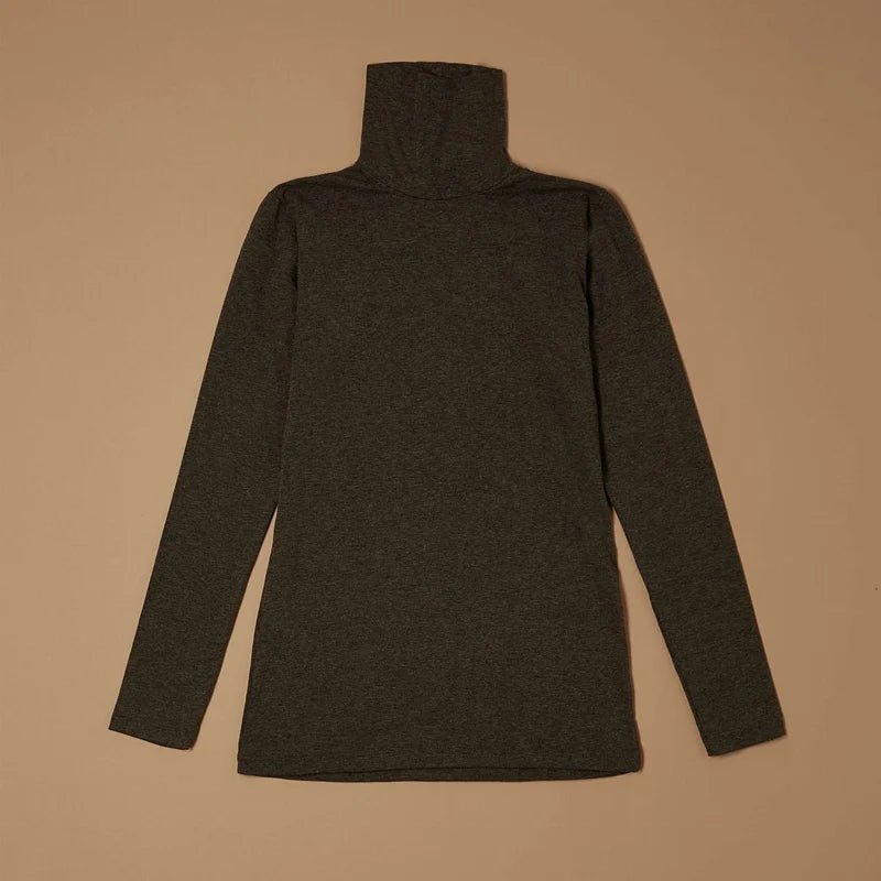 Dark mélange grey stretch-blend turtleneck long-sleeve top laid flat, front view