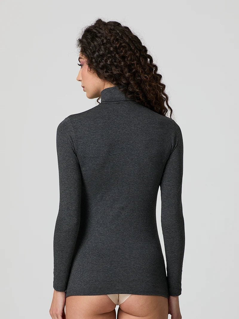 Dark mélange grey stretch-blend turtleneck long-sleeve top, fitted back view