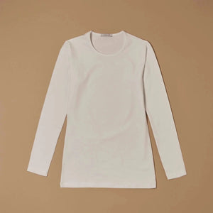 White stretch-cotton crew-neck long-sleeve top laid flat, front view
