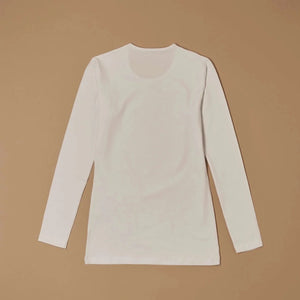 White stretch-cotton crew-neck long-sleeve top laid flat, back view
