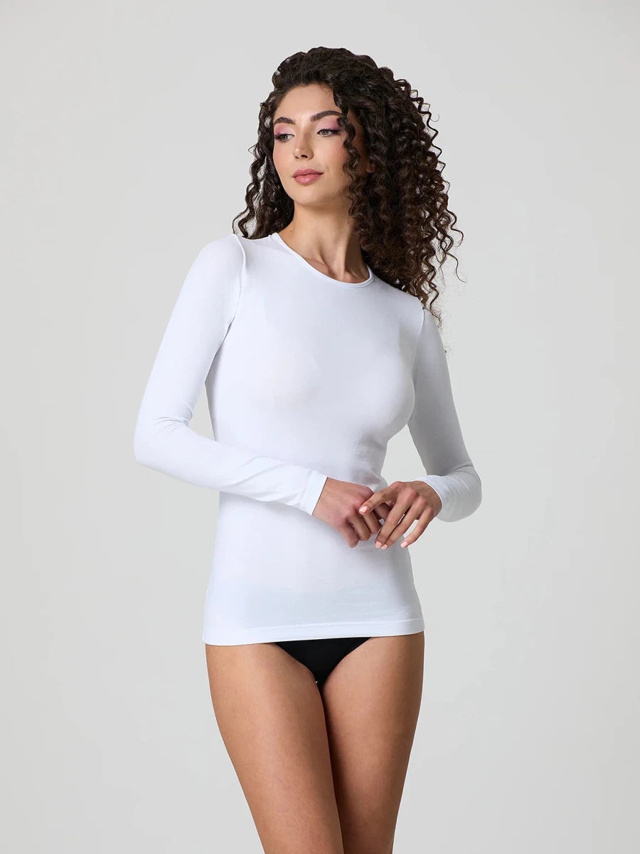 White fitted stretch-cotton long-sleeve top with crew neckline, three-quarter front view
