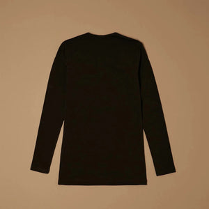 Black stretch-cotton crew-neck long-sleeve top laid flat, back view