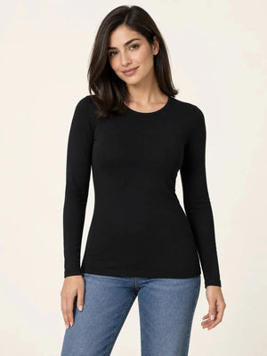 Black stretch-cotton crew-neck long-sleeve top worn untucked with blue jeans, front view