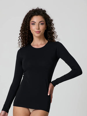 Black stretch-cotton crew-neck long-sleeve top, fitted front view