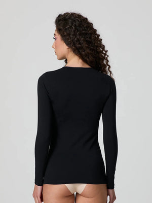 Black stretch-cotton crew-neck long-sleeve top, fitted back view