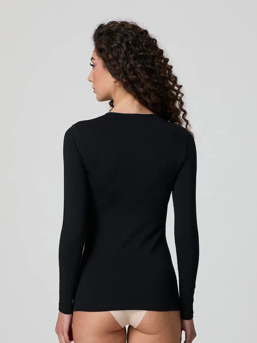 Black stretch-cotton crew-neck long-sleeve top, fitted back view
