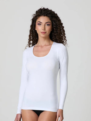White stretch-cotton deep scoop-neck long-sleeve top, fitted front view