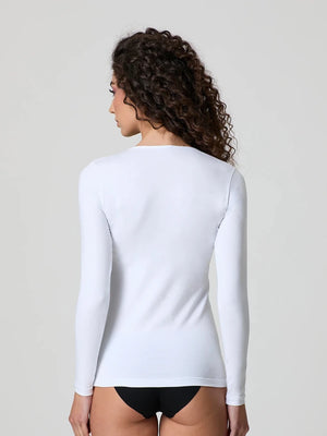 White stretch-cotton deep scoop-neck long-sleeve top, fitted back view