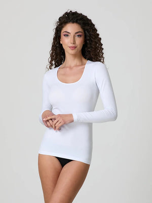 White fitted stretch-cotton long-sleeve top with deep scoop neckline, three-quarter front view