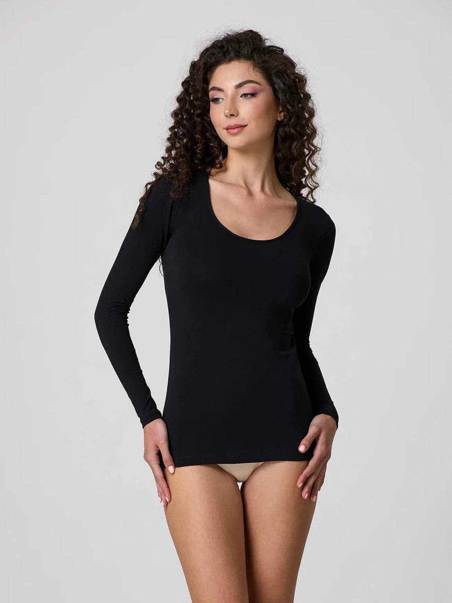 Black fitted stretch-cotton long-sleeve top with deep scoop neckline, three-quarter front view