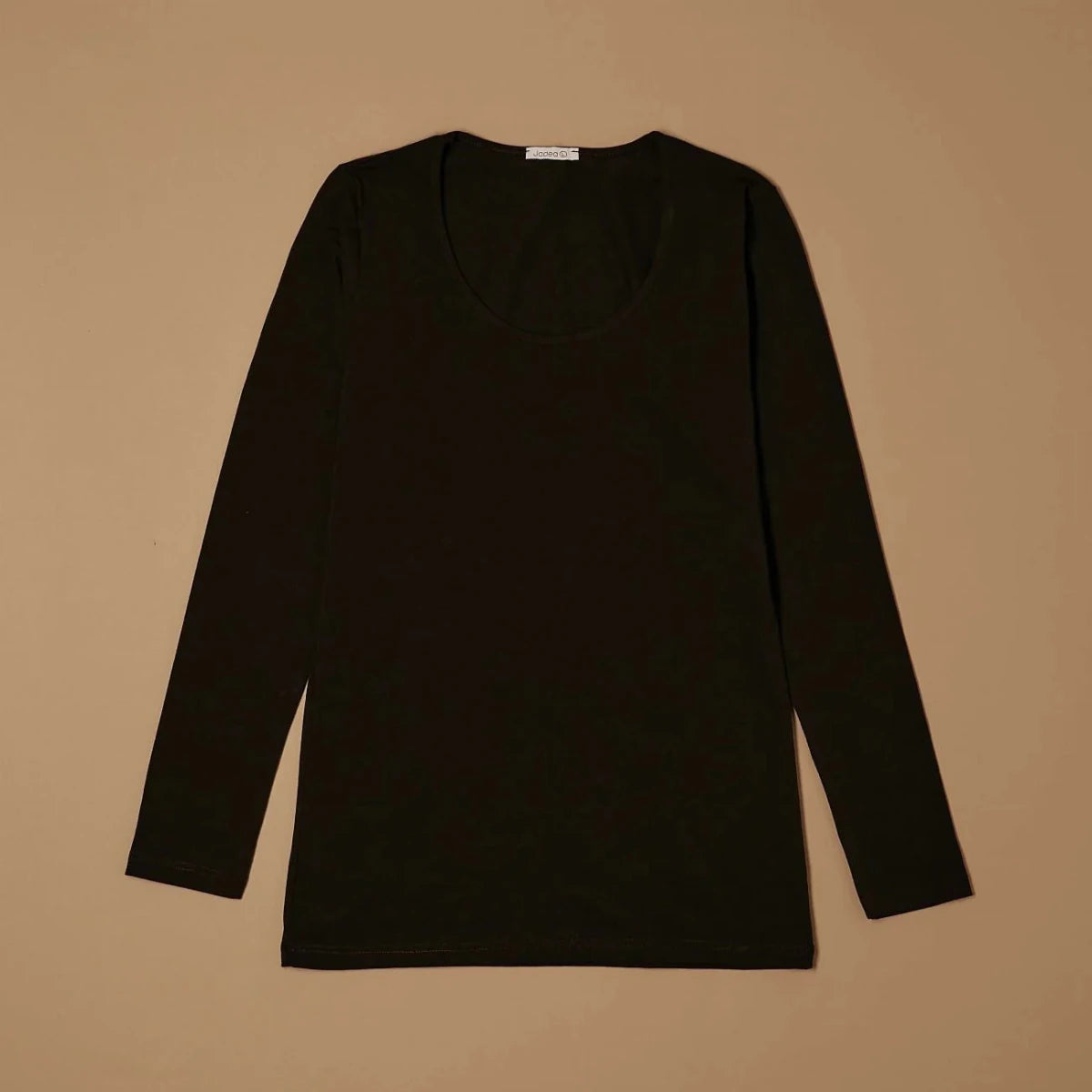 Black stretch-cotton deep scoop-neck long-sleeve top laid flat, front view