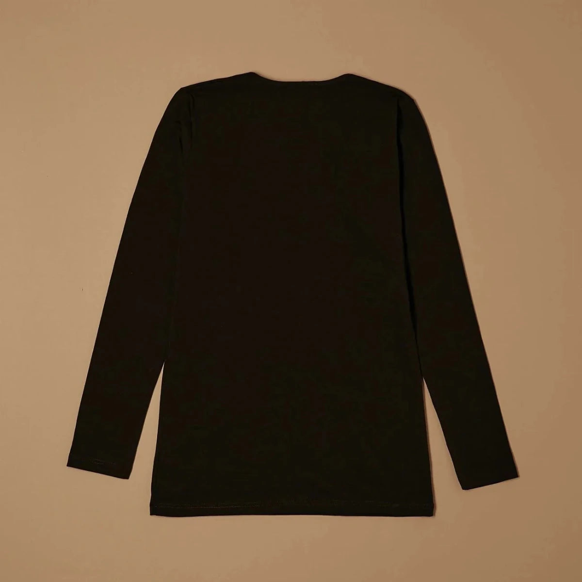 Black stretch-cotton deep scoop-neck long-sleeve top laid flat, back view
