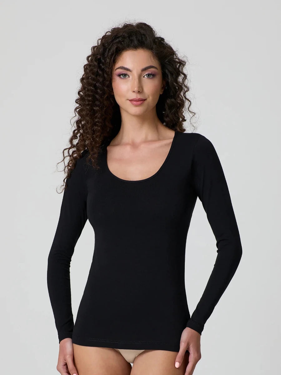 Black stretch-cotton deep scoop-neck long-sleeve top, fitted front view