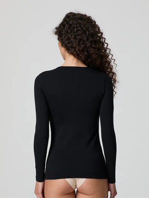 Black stretch-cotton deep scoop-neck long-sleeve top, fitted back view