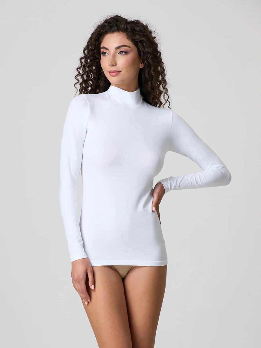 White stretch-cotton mock-neck long-sleeve top, fitted front view