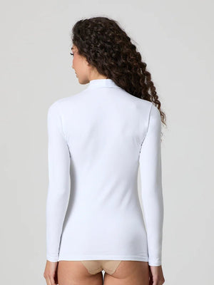 White stretch-cotton mock-neck long-sleeve top, fitted back view