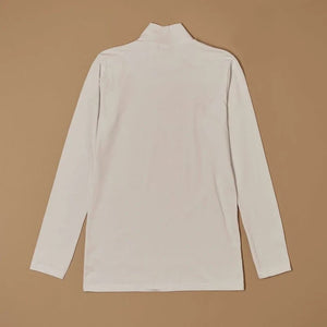 White stretch-cotton mock-neck long-sleeve top laid flat, back view