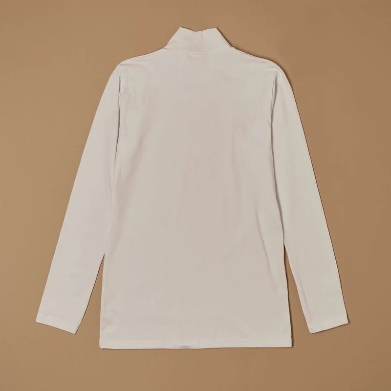 White stretch-cotton mock-neck long-sleeve top laid flat, back view