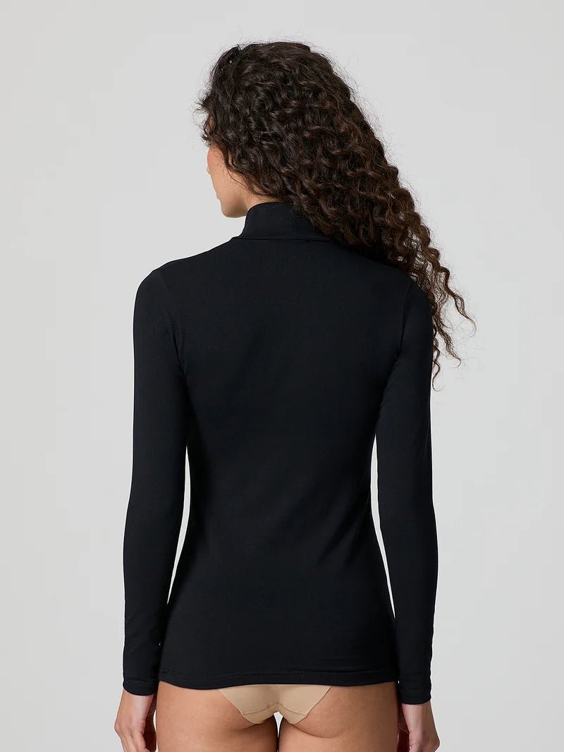 Black stretch-cotton mock-neck long-sleeve top, fitted back view