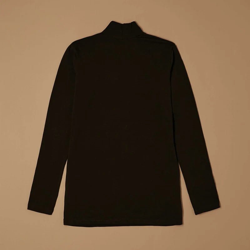 Black stretch-cotton mock-neck long-sleeve top laid flat, back view