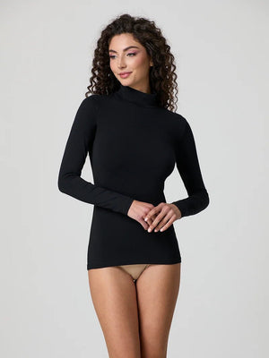 Black stretch-cotton mock-neck long-sleeve top, fitted front view