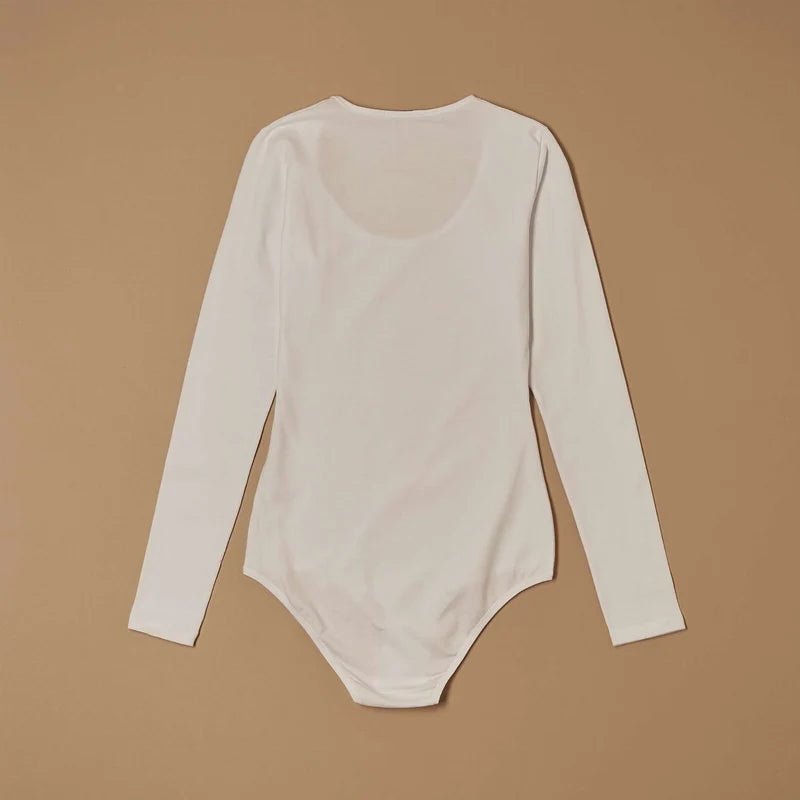 White stretch-cotton scoop-neck long-sleeve bodysuit laid flat, back view