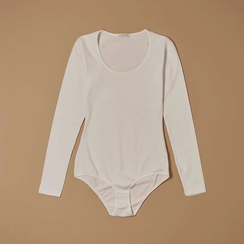 White stretch-cotton scoop-neck long-sleeve bodysuit laid flat, front view