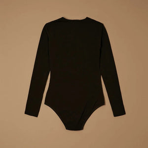 Black stretch-cotton scoop-neck long-sleeve bodysuit laid flat, back view