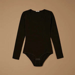 Black stretch-cotton scoop-neck long-sleeve bodysuit laid flat, front view
