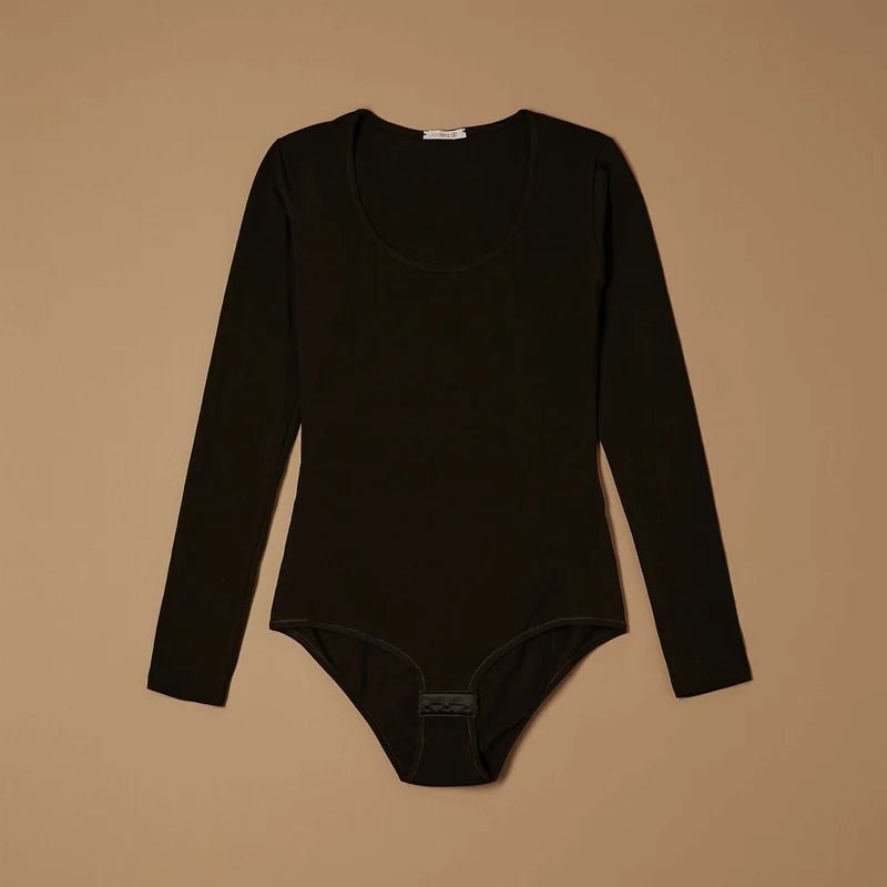 Black stretch-cotton scoop-neck long-sleeve bodysuit laid flat, front view