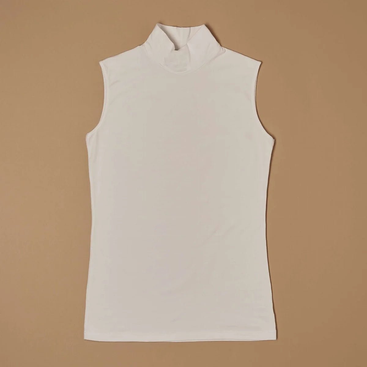 White stretch-cotton sleeveless mock-neck top laid flat, front view