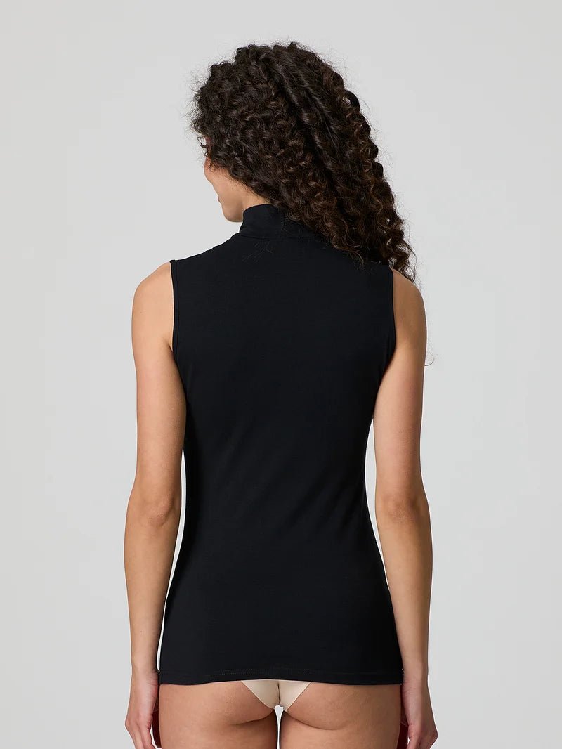 Black stretch-cotton sleeveless mock-neck top, fitted back view