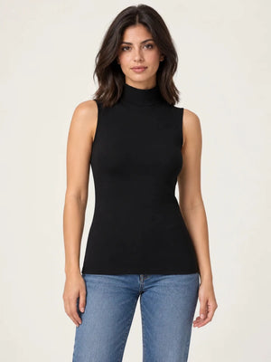 Black stretch-cotton sleeveless mock-neck top worn untucked with blue jeans, front view